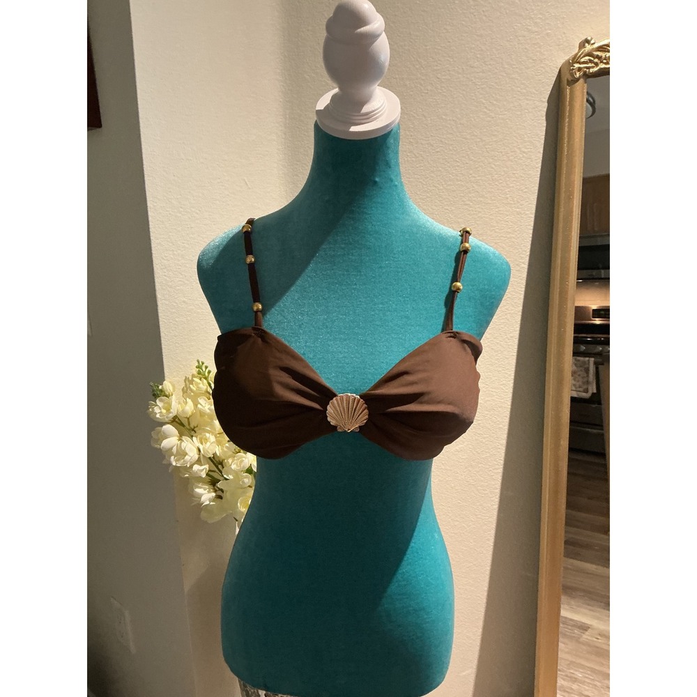 Chocolate Brown Seashell Bikini Top Gold Bead Straps Sweetheart Swimwear Small